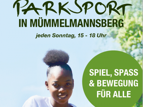 Plakat für Parksport-Angebot. Zu sehen ist ein Mädchen und der Slogan Spiel, Spass und Bewegung für alle.
